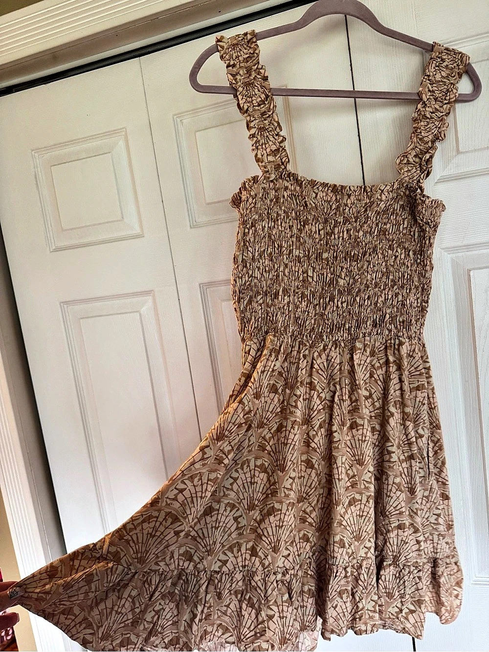 Madewell The Melody Smocked Mini Dress in Brown & Beige Size Large